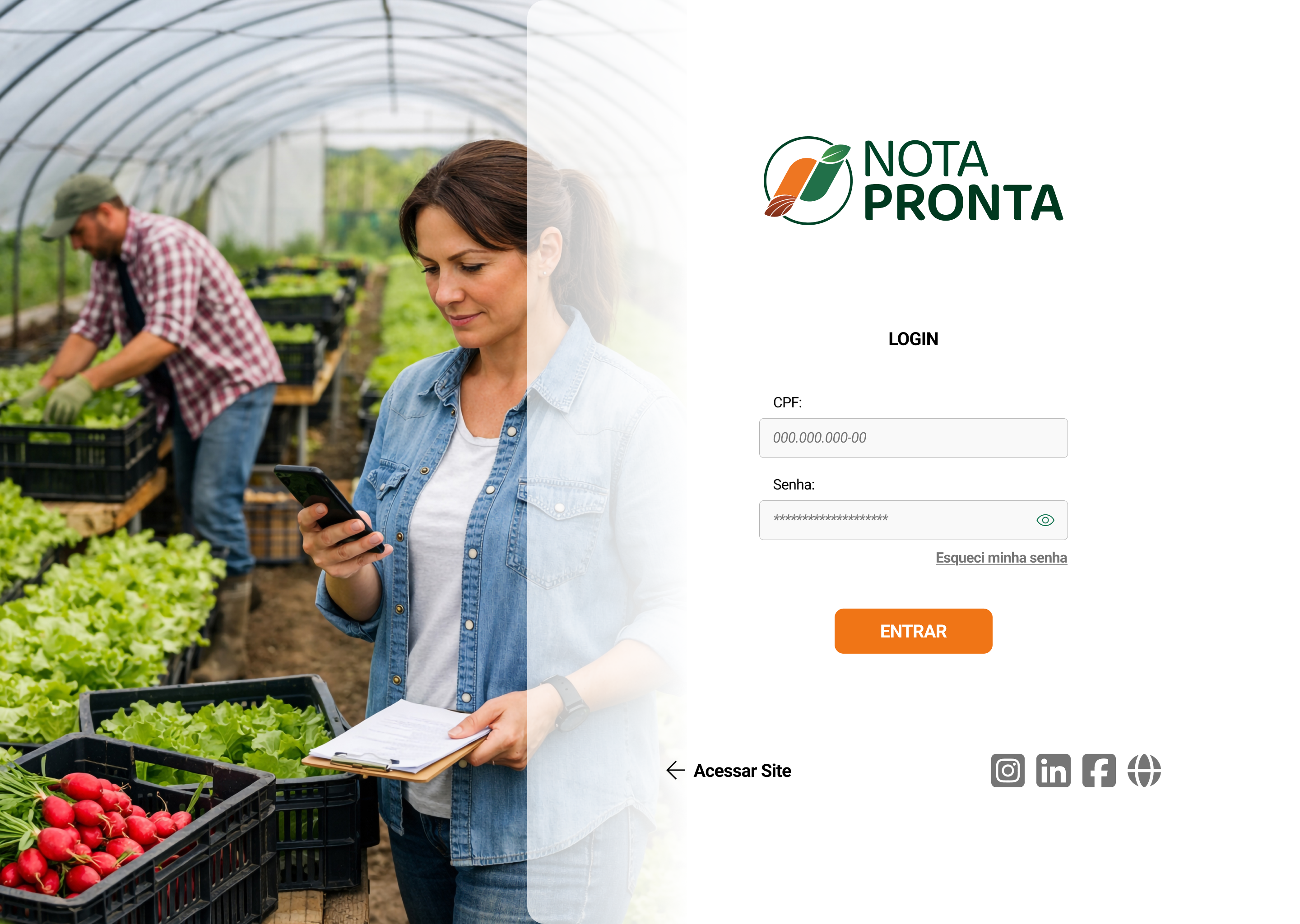 Login da versão web do Nota Pronta