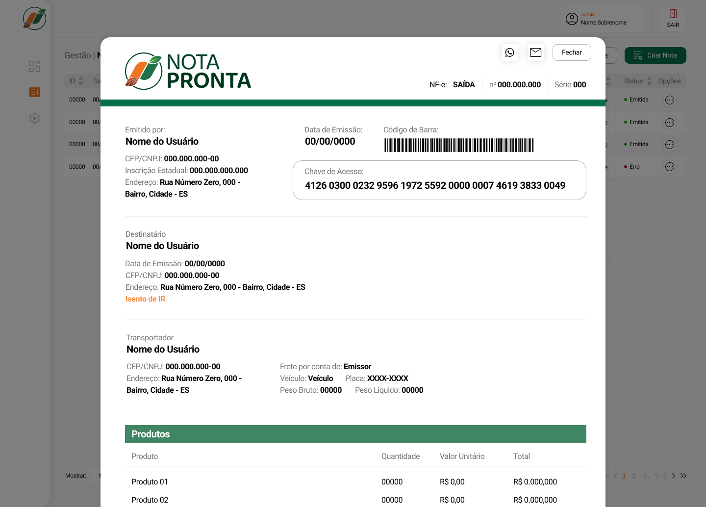 Detalhe de NF-e no painel web do Nota Pronta